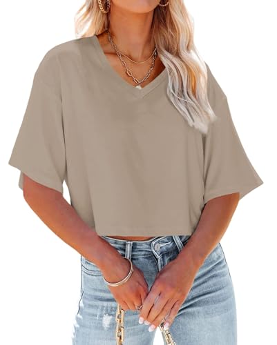 GeGekoko Damen V-Ausschnitt Cropped T Shirts Casual Sommer Crop Tops Halbarm Einfarbige Crop Baisc Tees von GeGekoko