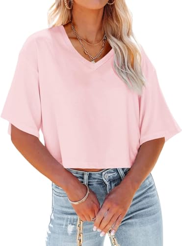 GeGekoko Damen V-Ausschnitt Cropped T Shirts Casual Sommer Crop Tops Halbarm Einfarbige Crop Baisc Tees von GeGekoko