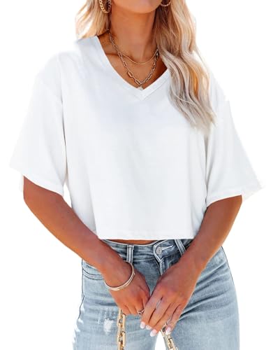 GeGekoko Damen V-Ausschnitt Cropped T Shirts Casual Sommer Crop Tops Halbarm Einfarbige Crop Baisc Tees von GeGekoko