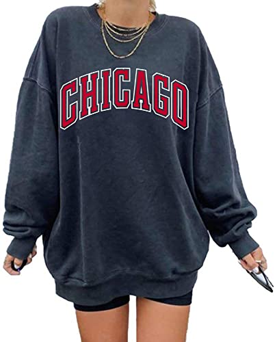 GeGekoko Damen übergroße Sweatshirt CHIGAGO Oversized Langarmshirt Rundhals Pullover Casual Oberteile Tops von GeGekoko