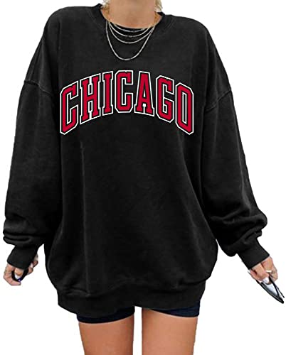 GeGekoko Damen übergroße Sweatshirt CHIGAGO Oversized Langarmshirt Rundhals Pullover Casual Oberteile Tops von GeGekoko