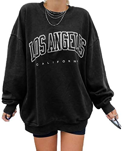 GeGekoko Damen Pullover Herbst Sweatshirt Los Angeles Vintage Oversized Langarmshirt Rundhals Pulli Winter Hoodie Casual ohne Kapuze Bluse Oberteile Tops-La# Schwarz,1L von GeGekoko