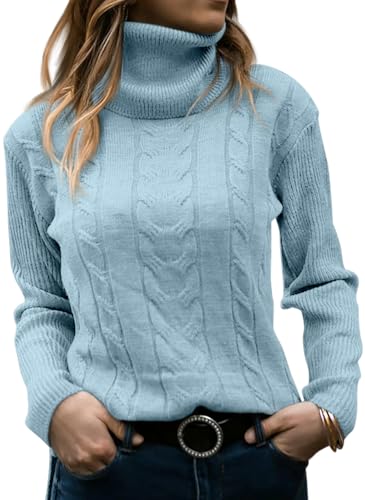 GeGekoko Pullover Damen Rollkragenshirt Cable Knit Elegant Langarm Tops Lose Grobstrick Casual Weich Jumper Sweater,Hellblau,S von GeGekoko