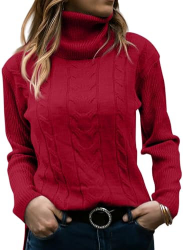 GeGekoko Pullover Damen Rollkragenshirt Cable Knit Elegant Langarm Tops Lose Grobstrick Casual Weich Jumper Sweater,Rot,XL von GeGekoko