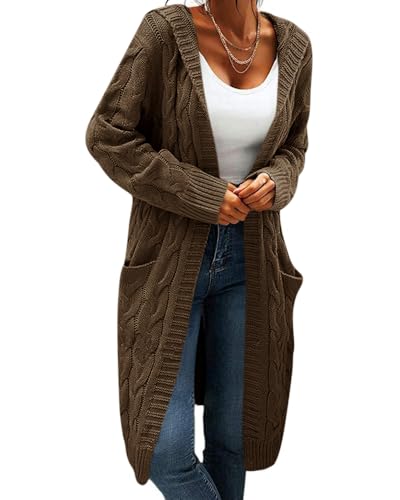 GeGekoko Strickjacke Damen mit Kapuze Langarm Grobstrick-Cardigan Open Front Sweater Herbst Winter Casual Strickcardigan Pullover mit Taschen,Dunkelbraun,M von GeGekoko