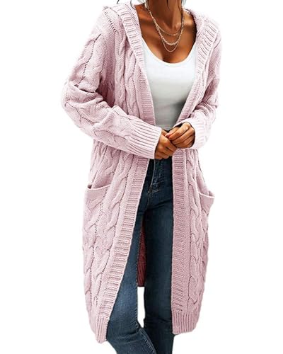 GeGekoko Strickjacke Damen mit Kapuze Langarm Grobstrick-Cardigan Open Front Sweater Herbst Winter Casual Strickcardigan Pullover mit Taschen,Rosa,XL von GeGekoko