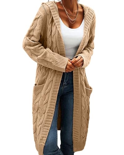GeGekoko Strickjacke Damen mit Kapuze Langarm Grobstrick-Cardigan Open Front Sweater Herbst Winter Casual Strickcardigan Pullover mit Taschen von GeGekoko