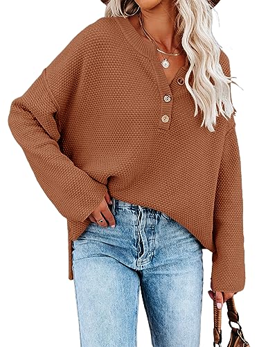 GeGekoko Strickpullover für Damen Langarmshirt V-Ausschnitt Tasten Neck Pullover Pulli Jumper Oversized Sweaters Tops von GeGekoko