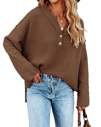 GeGekoko Strickpullover für Damen Langarmshirt V-Ausschnitt Tasten Neck Pullover Pulli Jumper Oversized Sweaters Tops von GeGekoko