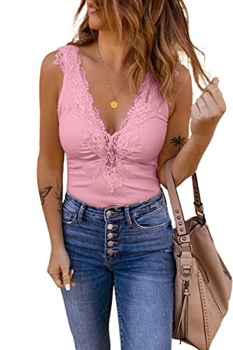 GeGekoko Top Damen Sexy Spitzen Oberteile V Ausschnitt Sommertops Elegant Tanktops Ärmellose Shirt Bluse.Rosa.M von GeGekoko