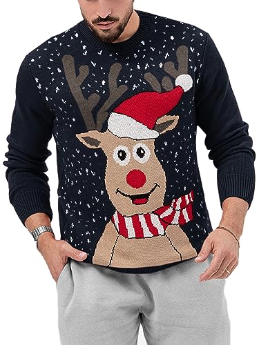 GeGekoko Weihnachtspullover Herren Strickpullover mit Rundhals Pullover Rentiermuster Strickpulli Langarm Ugly Xmas Sweaters von GeGekoko