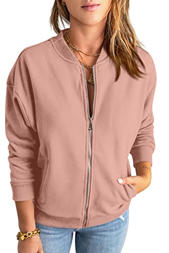 GeGekoko Zip Sweatshirt Damen übergroße Jacket Sweatshirt Einfarbige Loose Langarm Tops Oberteile mit Tasche M，Rosa von GeGekoko