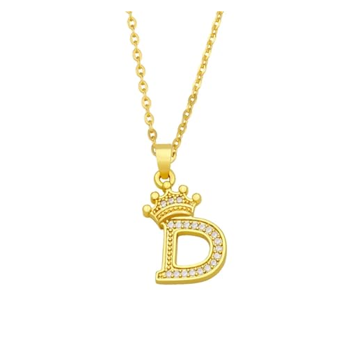 Damen-Halskette mit vergoldetem Kronen-Buchstaben-Anhänger, kubischem Zirkon, Initialen-Halskette, Namensschmuck, Geschenk (Material : D) von GeRRiT