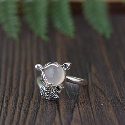 GeRRiT Chinesischer Ring Schmuck S925 Sterling Silber Ring Vintage Thai Silber Chalcedon Ring mit Weiblichem Achat und Zirkon Einstellbare Split Fox Ringchrysopras, Weiß von GeRRiT