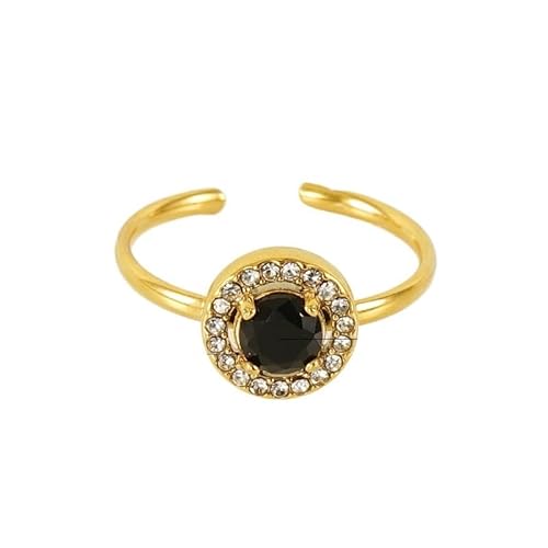 GeRRiT Damen-Blumenring, Edelstahl, Liebesquadrat, Doppelschicht-Diamant, 18 Karat Ring, Live-Mund, verstellbarer Zirkon-Ring (Color : Circular [Black]_Adjustable) von GeRRiT