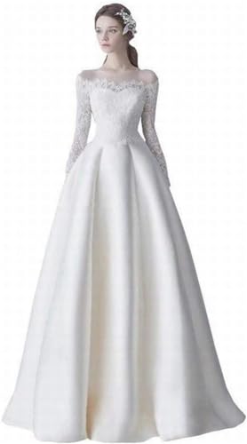 GeRRiT Frauen Off Shoulder Brautkleid Spitze Bestickt Satin Brautkleid Bodenlang Hübsches Kleid, Weiß,M von GeRRiT