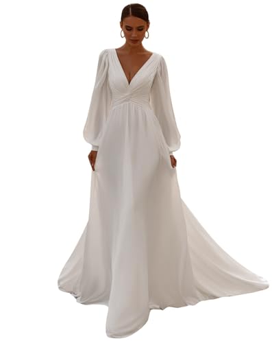 GeRRiT Hochzeitskleid Brautkleider Langarm V-Ausschnitt Standesamt Brautmode Brautkleider, Ivory 01, 44 von GeRRiT