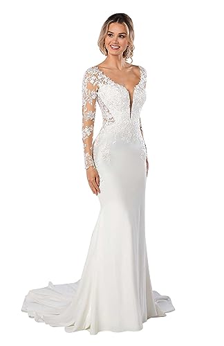 GeRRiT Hochzeitskleid Brautkleider Langarm V-Ausschnitt Standesamt Brautmode Brautkleider, Ivory 05, 32 von GeRRiT