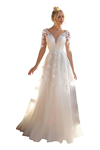 GeRRiT Hochzeitskleid Brautkleider Langarm V-Ausschnitt Standesamt Brautmode Brautkleider, Ivory 22, 32 von GeRRiT