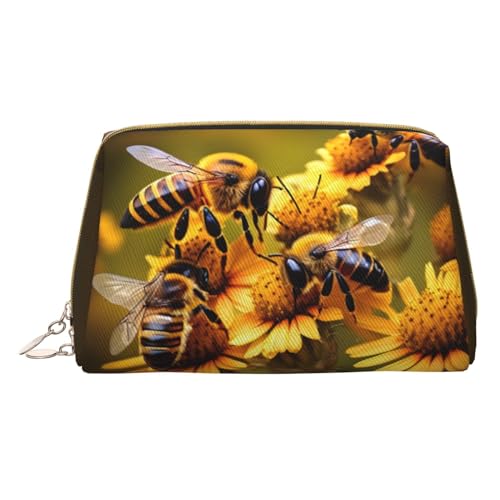 GeRRiT Kosmetiktasche mit ländlichem Honigbienen-Blumendruck, Leder, Reise-Kosmetik-Organizer, Reißverschlusstasche, multifunktionale Aufbewahrungs-Kosmetiktasche, Ländliche Honigbienen Blumen, von GeRRiT