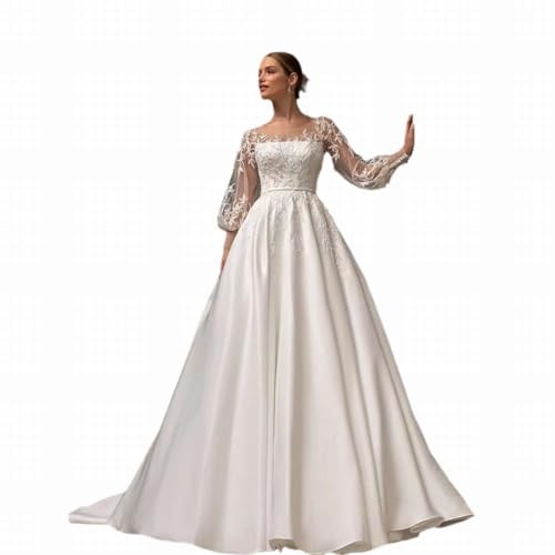 GeRRiT Langärmeliges Trägerloses Slim Fit Brautkleid mit Retro Spitze Kleid, Weiß, 48 von GeRRiT