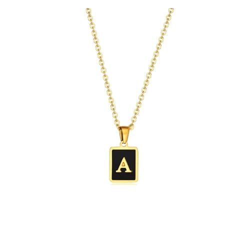 GeRRiT Quadratischer Anfangsbuchstaben-Halskettenanhänger, Edelstahl-Charm, schwarze Emaille, einfacher Namensschmuck for Frauen (Color : Q_GOLD WITH WHITE BACKGROUND_50CM) von GeRRiT