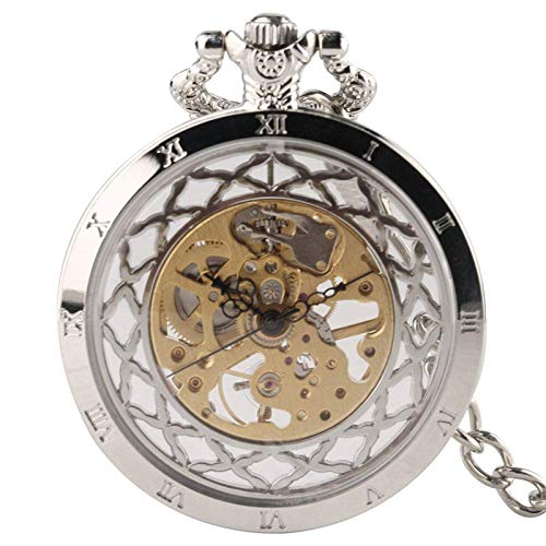 GeRRiT Retro-Taschenuhr, silberfarbenes hohles Skelett für Herren und Damen, mechanisch, Handaufzug, modische Retro-Uhr mit Anhängerkette von GeRRiT