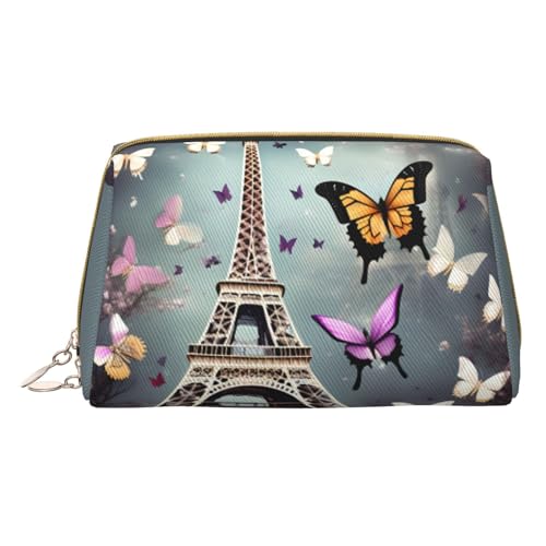 GeRRiT Romantischer Reise-Kosmetik-Organizer, Motiv: Paris Schmetterling und Eiffel, Leder, mit Reißverschluss, multifunktionale Aufbewahrungs-Kosmetiktasche, Romantischer Paris Schmetterling Eiffel, von GeRRiT