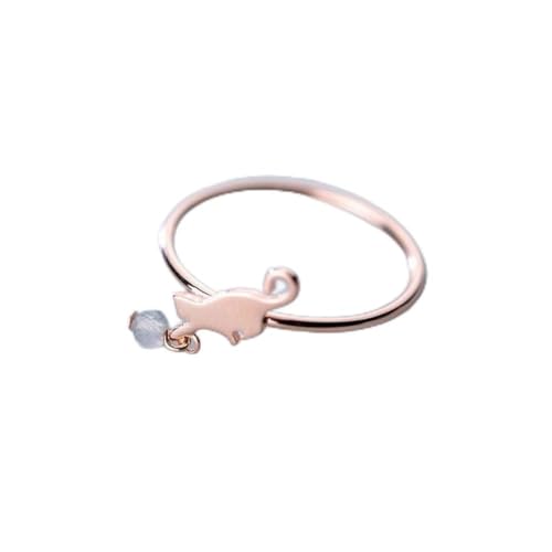 GeRRiT S925 Silberring Weibliche Mode Temperament Mondstein Katze Offenen Ring Niedlichen Tier Ring, Gold & Rose, 5 von GeRRiT