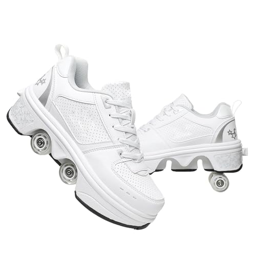 GeRRiT Schuhe Mit Rollen Versenkbarer Technischer Skateboardschuhe Sport Schuhe Kinder Rollschuhe Outdoor Turnschuhe Jungen und Mädchen 4 Rollschuhe,White-33EU von GeRRiT