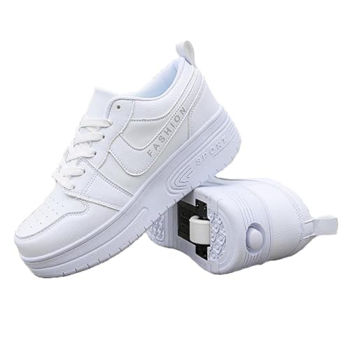 GeRRiT Sportschuhe Skateboard Outdoor Gymnastik Turnschuhe Jungen Mädchen Freizeitschuh Schuhe Mit Rollen Drucktaste Einstellbare Skateboardschuhe Schuhe mit 2 Rollen,White-33EU von GeRRiT