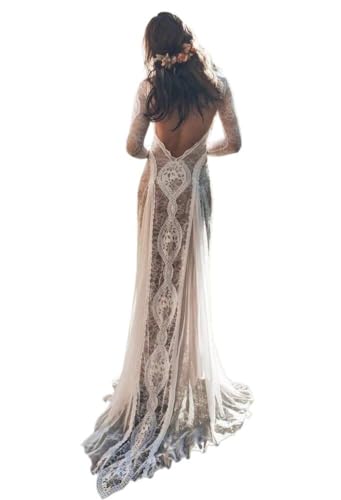 GeRRiT Stilvolle Einfachheit Brautkleid Vintage Spitze Backless Boho Strand Stilvolle Einfachheit Brautkleider Langarm Nude Futter Land Böhmische Brautkleider, Weiß, 32 von GeRRiT