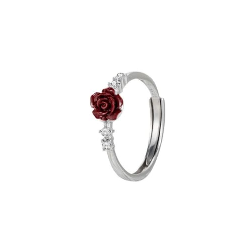 GeRRiT Weißgold-Kamelienring for Damen, antiker Mikropavé-Zirkon, dreidimensionaler Blumenring, Zinnober-Rotrosen-Blumenarmband (Color : Red flowers_Adjustableopening) von GeRRiT