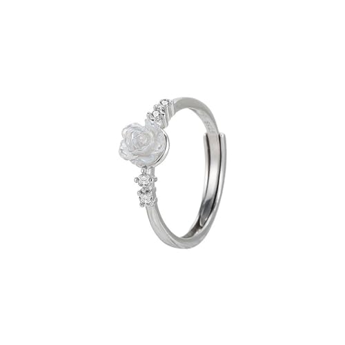 GeRRiT Weißgold-Kamelienring for Damen, antiker Mikropavé-Zirkon, dreidimensionaler Blumenring, Zinnober-Rotrosen-Blumenarmband (Color : White Flowers_Adjustableopening) von GeRRiT