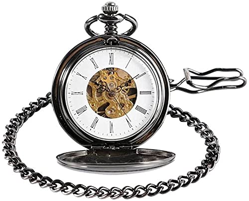 Retro Mechanische Uhr Doppel Gesicht Römischen Ziffern Skeleton Glatte Schwarz Taschenuhr Anhänger Männer Frauen Kette Taschenuhren von GeRRiT