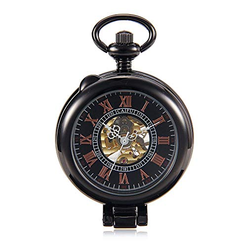 Retro-Taschenuhr, Lens Flip Hohle mechanische mechanische Uhr, kreatives Glas, Retro, Glatte mechanische Uhr für Männer und Frauen (Farbe: Schwarz, Größe: 4). von GeRRiT