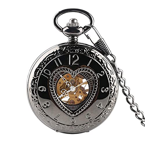 Retro-Taschenuhr, Retro-Schwarze Herzform, halber Jäger, mechanisch, Steampunk, 30 cm, Kette, Taschenanhänger, Uhr, Geschenk für Männer und Frauen von GeRRiT