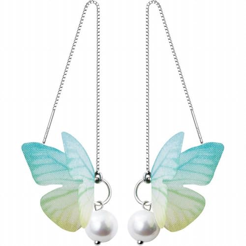 S925 Silber Ohr Linie Bunte Schmetterling Perlen Ohrringe, Elegante Flügel, Lange Ohr Schmuck, GeRRiT, Grün von GeRRiT