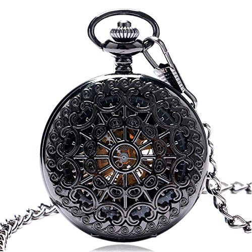 Taschenuhr, Spinnennetz, hohl, Stahl, schwarz, mechanische Taschenuhr, Vintage-Stil, für Herren und Damen, Handkette, Schmuckuhr mit FOB-Kette, Geschenk von GeRRiT