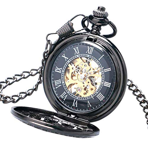 Vintage-Taschenuhr, klassisch, vollschwarz, mechanischer Handaufzug, Taschenuhr für Herren und Damen, große Größe 30 cm, für Weihnachten, Geburtstag, Geschenk von GeRRiT