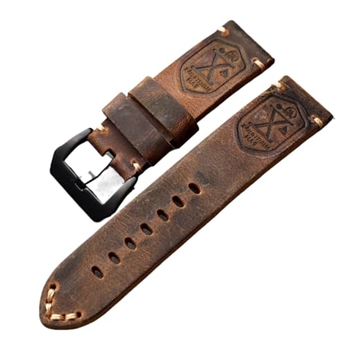 GeRnie Braunes schwarzes handgefertigtes Rindsleder-Uhrenarmband 20 22 24 26 mm Herren-Armband PAM111 441 Echtlederarmband, Vintage-Militäruhr (Color : Brown Brack clasp, Size : 24mm) von GeRnie