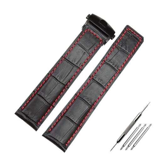 GeRnie Echtes Leder Armband 19mm 20mm 22m Armband Männer Armbanduhren Band Zubehör Falten Schnalle Leder Armband (Color : Black red black, Size : 20mm) von GeRnie