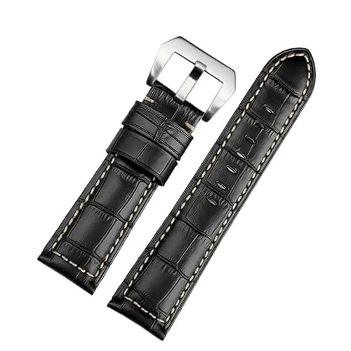 GeRnie Uhrenarmband aus Rindsleder, für Herren, PAM Uhrenarmband, Edelstahl-Schnalle, 22 mm, 24 mm, 26, Schwarz Weiß Silberfarben, 22mm, Rucksäcke von GeRnie