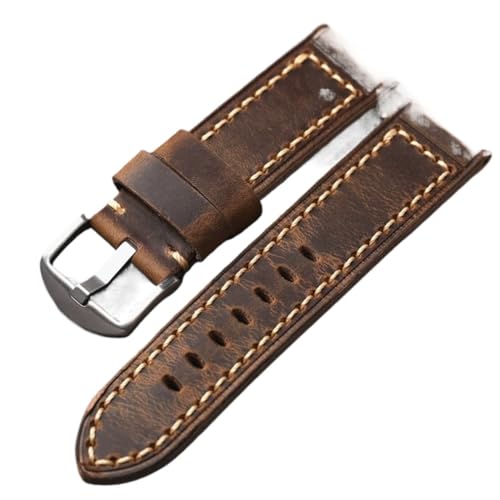 GeRnie Vintage Men Leather Strap Oily Vintage First Layer Cowhide 20 21 22 23 24MM Adaptable Bronze Watch Bracelet Thickened (Color : Silver clasp, Size : 26mm) von GeRnie