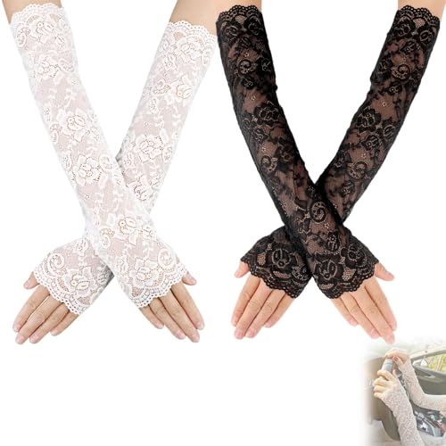 2 Paar Spitzenhandschuhe Schwarz Lange Fingerlose Spitzenhandschuhe Schwarze Handschuhe Lang Ellenbogenlänge Florale Spitzen Handschuhe Accessoires Für Ball Outfits für Damen und (Schwarz Weiss) von Geaanen