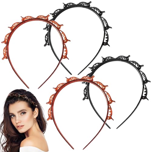 4 Stück Haarreif mit Klammern Headband With Clips Hairpin Headband geflochtene Hair Clip Haarspangen Haarreifen Damen mit Klammern elegantes Stirnband für Frauen und Mädchen Rot und Schwarz von Geaanen