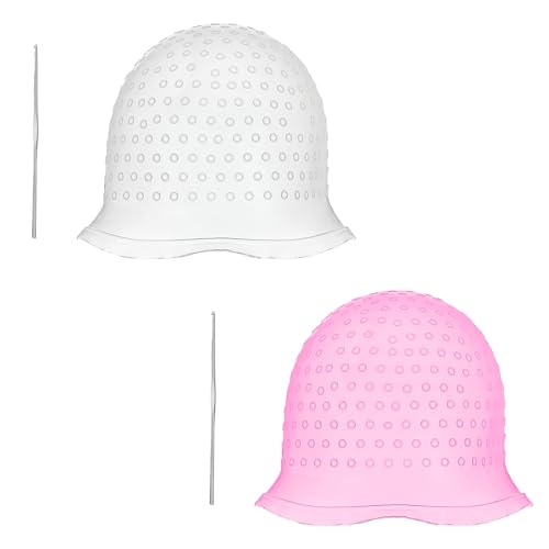 SträHnchenhaube SträHnenhaube SträNchen Haube SträHnchen Set Silikon HaarfäRbekappe Mit MetallhäKelung Weich Und Langlebig Leicht Zu Reinigen Geeignet FüR Frauen Und MäDchen 2 StüCk (Rosa/Weiß) von Geaanen
