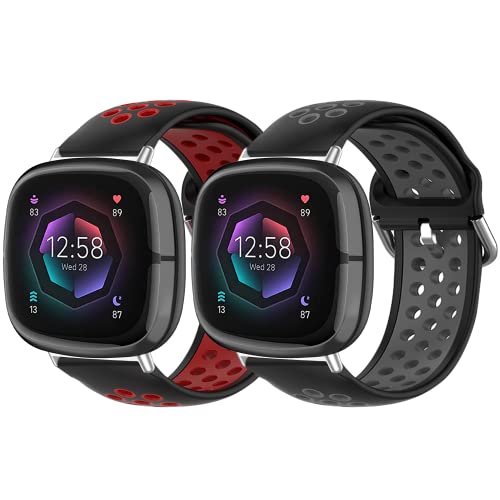 Geageaus Armbänder kompatibel mit Fitbit Versa 3/Versa 4/Fitbit Sense/Sense 2, weiche Ersatz-Sportarmbänder für Fitbit Versa 4/Sense/Sense 2 Damen Herren (Schwarz/Grau + Schwarz/Rot) von Geageaus