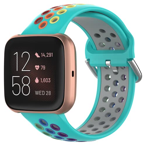 Geageaus Regenbogen Armband Kompatibel mit Fitbit Versa/Versa 2,Atmungsaktives Silikon-Armband für Fitbit Versa/Versa 2 und Versa Lite Edition für Herren Damen(Teal/Regenbogen) von Geageaus