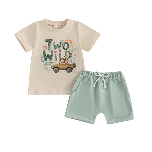 1. Jahr Geburtstags Outfit Baby Junge Kleidung Set Kurzarm T-Shirt und Shorts Bekleidungssets für Jungen (Two Wild Tiere fahren Geländewagen Beige, 18-24 Monate) von Geagodelia
